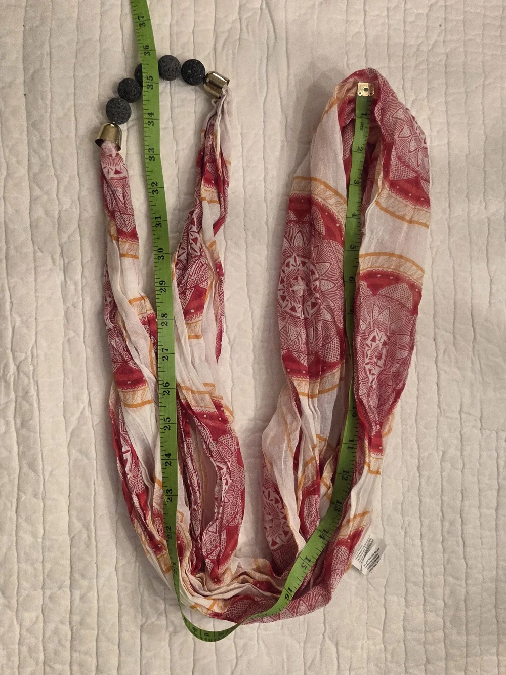Doterra Red and Cream Infinity Scarf with Beaded Necklace Accent